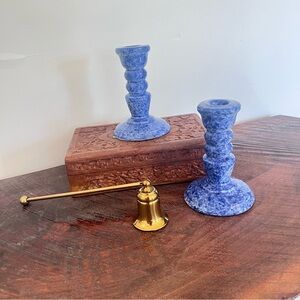 Vintage Blue/White Spongeware Ceramic Candlestick Holders